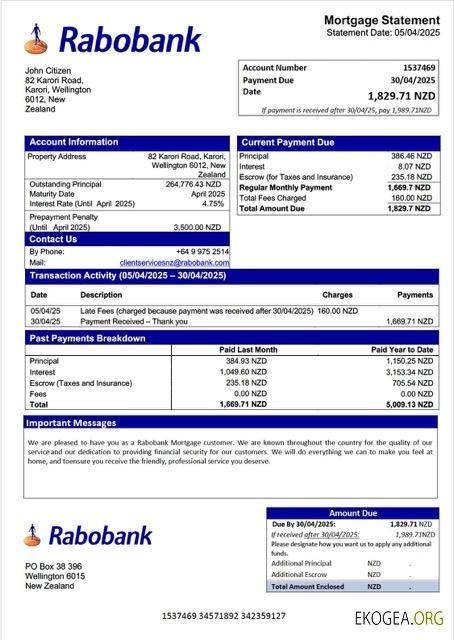 Modèle Word et PDF de relevé hypothécaire de Rabobank en Nouvelle , Zélande